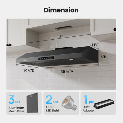 VIKIO HOME Range Hood 36 Inch Under Cabinet, 900 CFM Dual Centrifugal Motor, 3-Speed Ducted Kitchen Vent, Reusable Filters, Stainless Steel Kitchen Exhaust Fan with LED Lights, Black