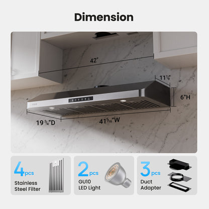 VIKIO HOME Range Hood 42 Inch Under Cabinet, 980CFM Fast Venting Ducted, Kitchen Hood With 3 Speed Gesture Sensing & Touch Control, Stainless Steel Stove Hood With LED Light And 2 Baffle Filters