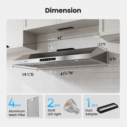 VIKIO HOME Range Hood 42 Inch Under Cabinet, 900CFM Stainless Steel Kitchen Stove Vent Hood, Touch/Gesture Control, 3 Speed Exhaust Fan, LED Lights, Reusable 5-Layer Aluminum Filters