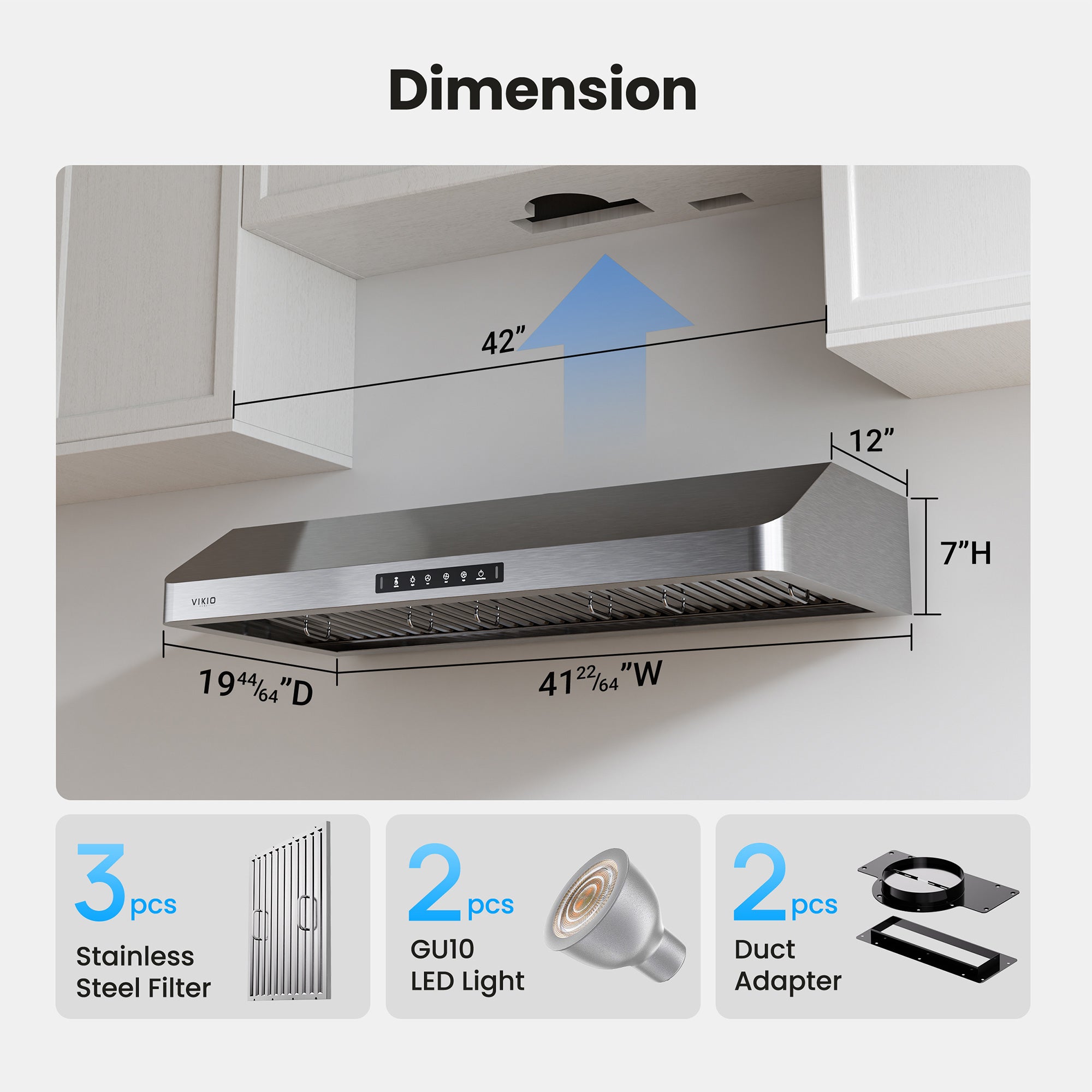 VIKIO HOME Range Hood 42 Inch Under Cabinet, Kitchen Hood with 980 CFM, 3-Speed Gesture Sensing & Touch Control Panel, Stainless Steel Vent 3 Pcs Baffle Filters with Handlebar