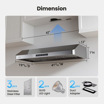 VIKIO HOME Range Hood 42 Inch Under Cabinet, Kitchen Hood with 980 CFM, 3-Speed Gesture Sensing & Touch Control Panel, Stainless Steel Vent 3 Pcs Baffle Filters with Handlebar