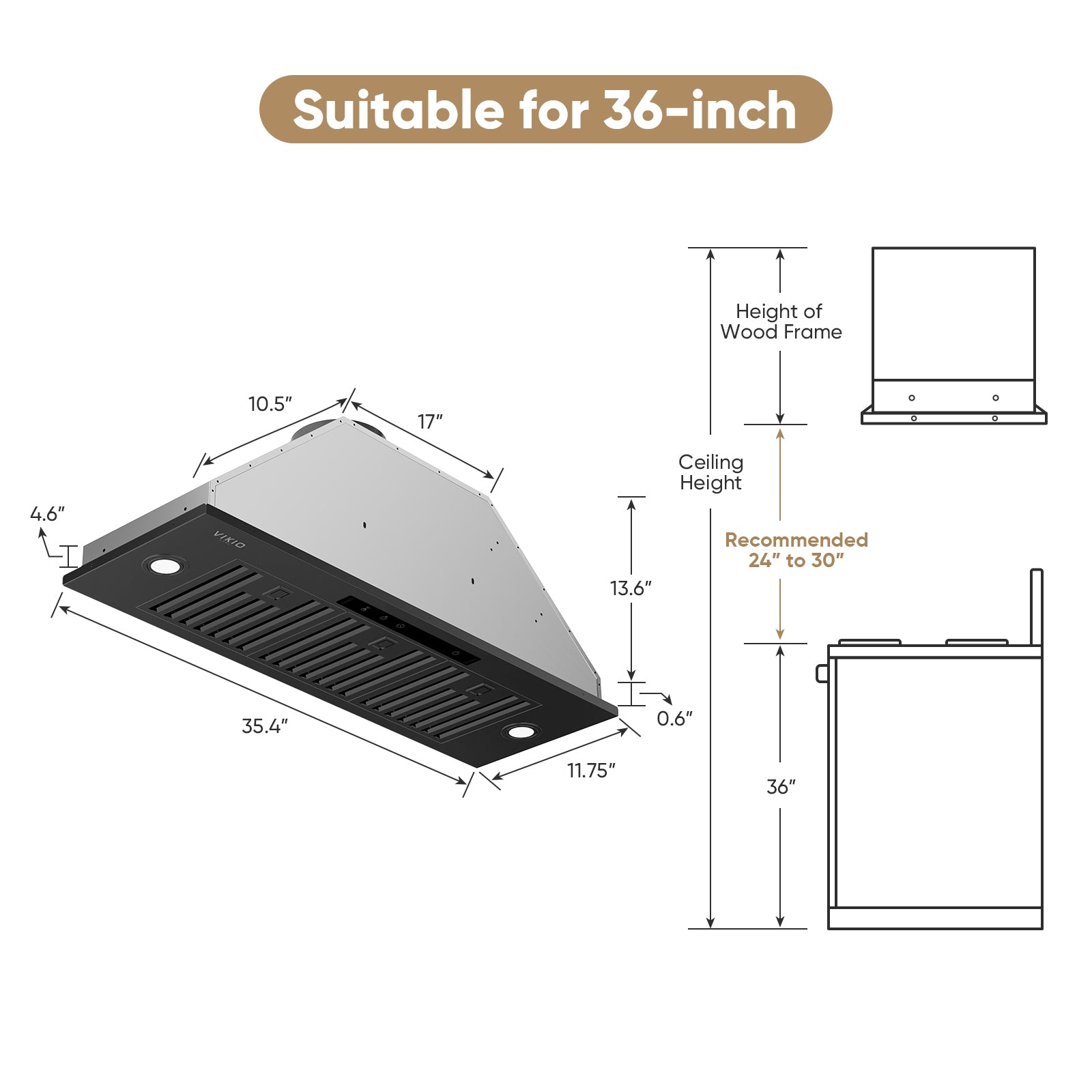 VIKIO HOME 36 inch Built-in/Insert Range Hood 980 CFM, Ducted/Ductless Convertible Duct Stainless Steel Kitchen Vent Hood with 4 Speed Gesture Sensing& Touch Control Panel, Black