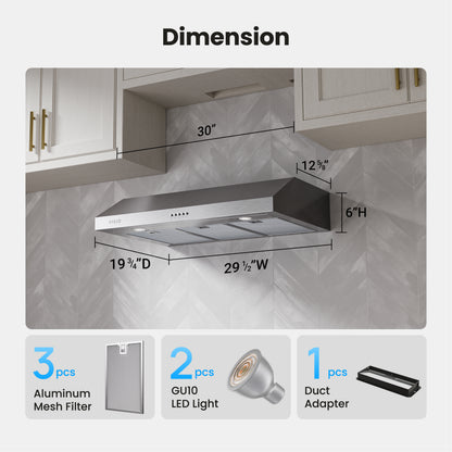 VIKIO HOME Under Cabinet Range Hood 30 Inch, 1200 CFM Dual-Motor Kitchen Vent with LED Lights, Button Control, Ducted Vent Hood, Reusable 5-Layer Aluminum Filters, Stainless Steel
