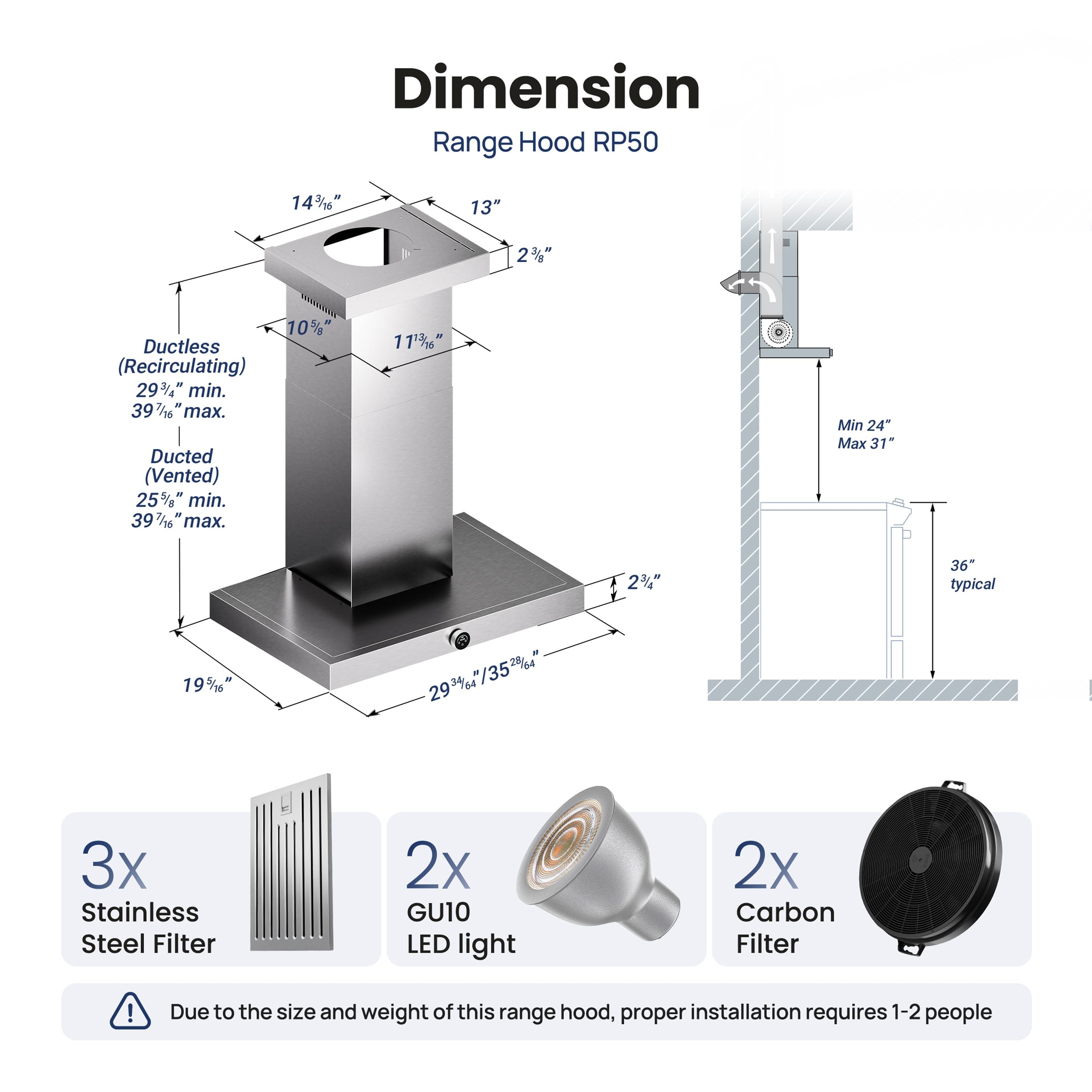 VIKIO HOME 36 Inch Wall Mount Range Hood 1200CFM, Stainless Steel Convertible Ductless/Ducted Stove Vent Hood, Low Noise Kitchen Vent Hoods with Duct Cover, 2 Lights 3 Baffle Filters, Touch & Knob Control