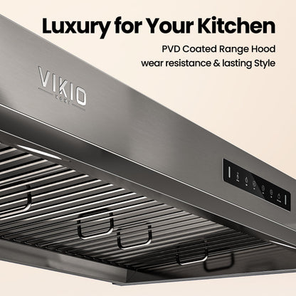 VIKIO HOME 30 inch Range Hood Stainless Steel(PVD), Black Stove Hood with 1200 CFM with 1.5 Sones Quiet,3 Speed Exhaust Fan Hood Vents for Kitchen,Under Cabinet Range Hood with GU10 LED Lights