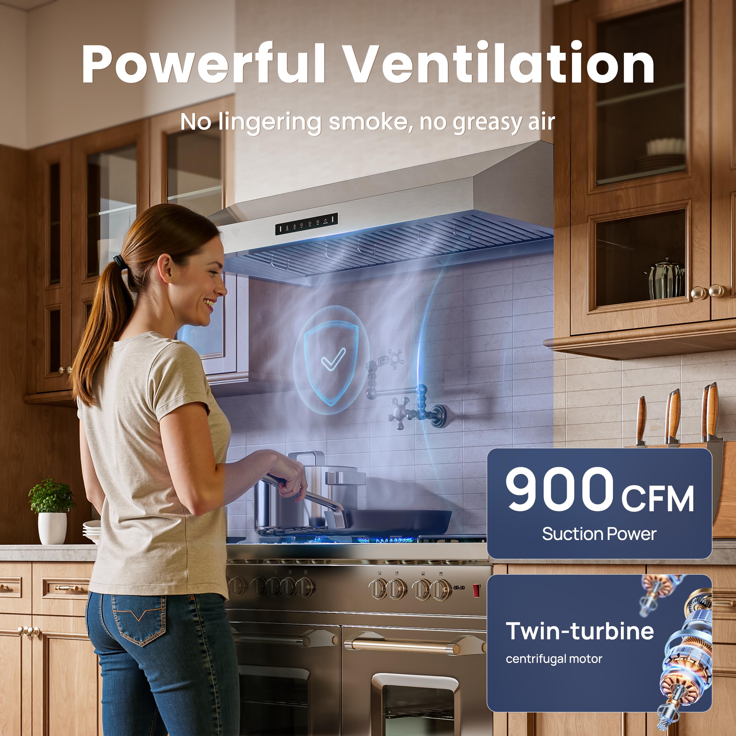 VIKIO HOME Under Cabinet Range Hood 30 Inch,Range Hood 900-CFM,1.5 Sones Quiet Dual Turbine Motor,Stainless Steel Vent Hood with 3 Speed Exhaust Fan,Safe Baffle Filters for Kitchen Stove