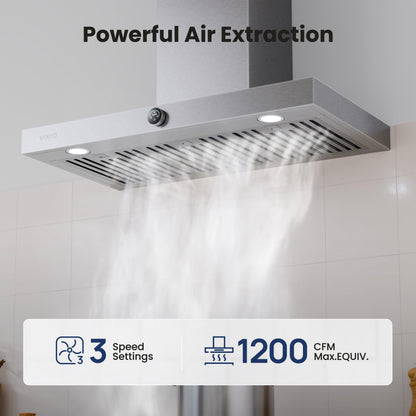 VIKIO HOME 36 Inch Wall Mount Range Hood 1200CFM, Stainless Steel Convertible Ductless/Ducted Stove Vent Hood, Low Noise Kitchen Vent Hoods with Duct Cover, 2 Lights 3 Baffle Filters, Touch & Knob Control