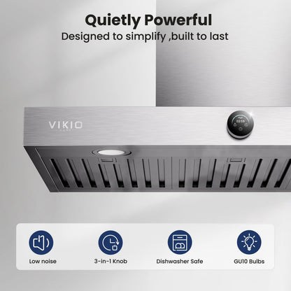VIKIO HOME 30 Inch Wall Mount Range Hood 1200CFM, Stainless Steel Convertible Ductless/Ducted Stove Vent Hood, Low Noise Kitchen Vent Hoods with Duct Cover, 2 Lights 3 Baffle Filters, Touch & Knob Control