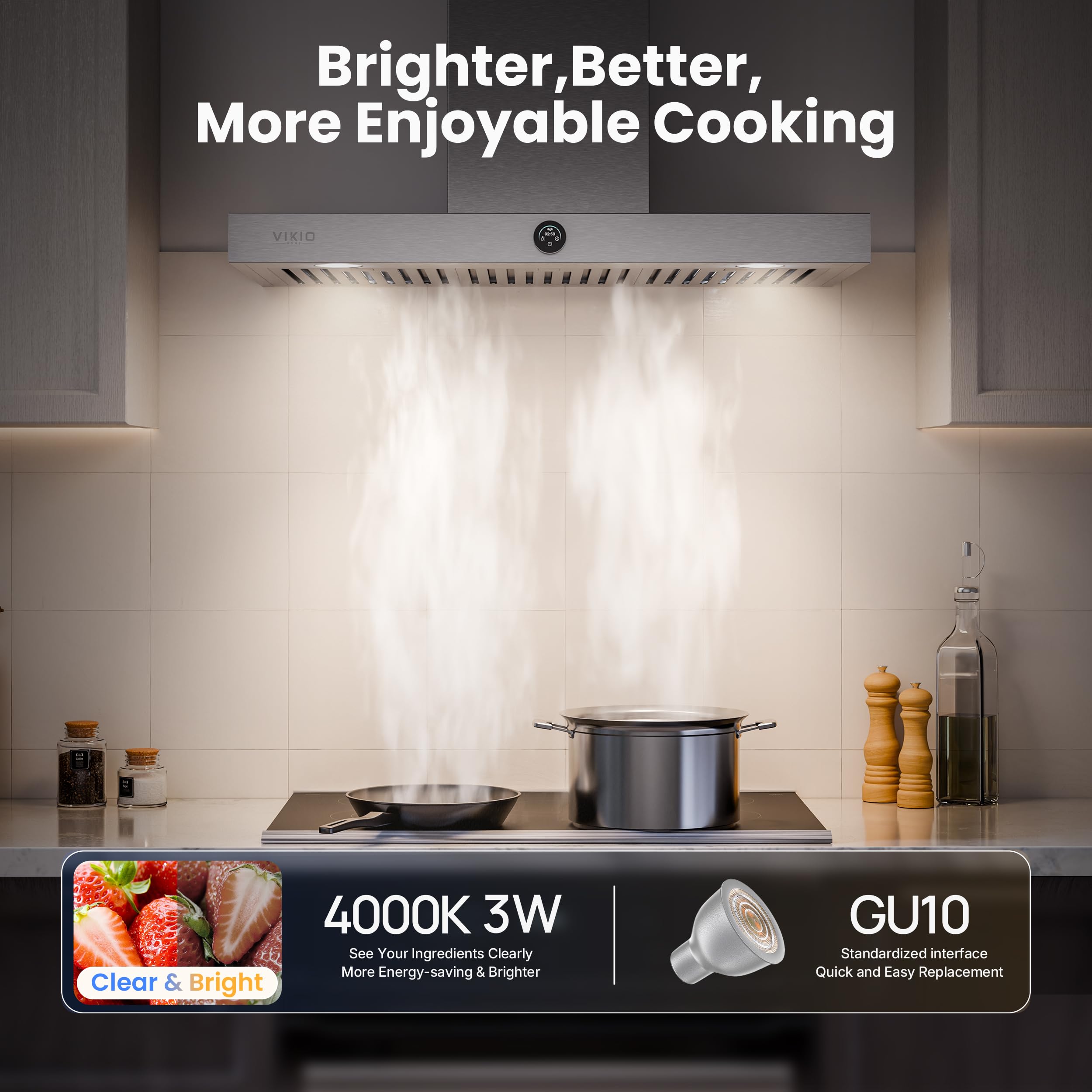 VIKIO HOME 30 Inch Wall Mount Range Hood 1200CFM, Stainless Steel Convertible Ductless/Ducted Stove Vent Hood, Low Noise Kitchen Vent Hoods with Duct Cover, 2 Lights 3 Baffle Filters, Touch & Knob Control