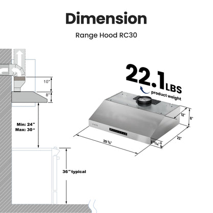 VIKIO HOME Under Cabinet Range Hood 30 Inch,Range Hood 900-CFM,1.5 Sones Quiet Dual Turbine Motor,Stainless Steel Vent Hood with 3 Speed Exhaust Fan,Safe Baffle Filters for Kitchen Stove