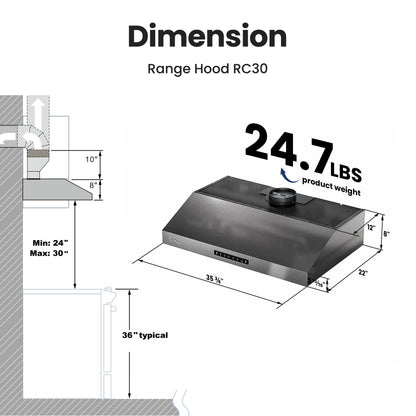 VIKIO HOME Range Hood 36 inch,1.5 Sones Quiet for Stove Vent Hood,Black Stainless Steel (PVD) Kitchen Exhaust Hood with 1200 CFM, Hood Vent with 3 Speed Gesture Sensing&Touch Control Panel